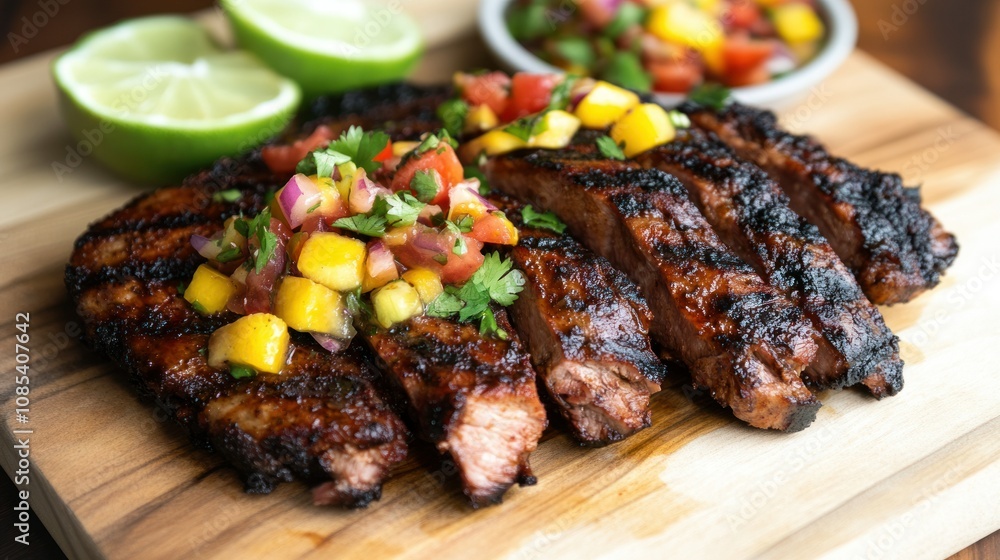 Caribbean jerk pork with smoky spices, grilled to perfection, served with tropical fruit salsa Caribbean jerk pork with smoky spices, grilled to perfection, served with tropical fruit salsa