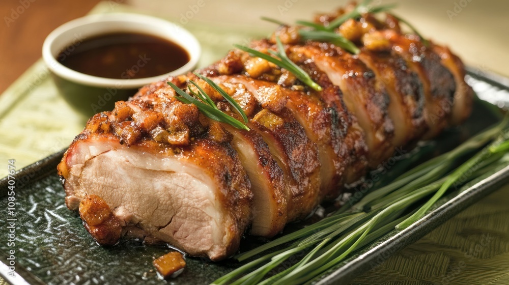 Chinese-style roast pork with five-spice seasoning, crispy crackling skin, and served with hoisin sauce Chinese-style roast pork with five-spice seasoning, crispy crackling skin, and served with hoisin sauce