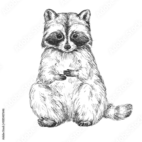 Raccoon sketch isolated on white background. Vintage wild animal vector illustration.
