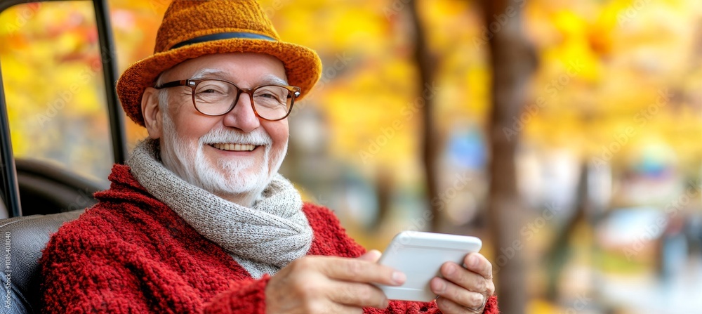 Cheerful Senior Man Browsing Smartphone in Autumn Park, Enjoying Retirement and Technology. Cheerful Senior Man Browsing Smartphone in Autumn Park, Enjoying Retirement and Technology.