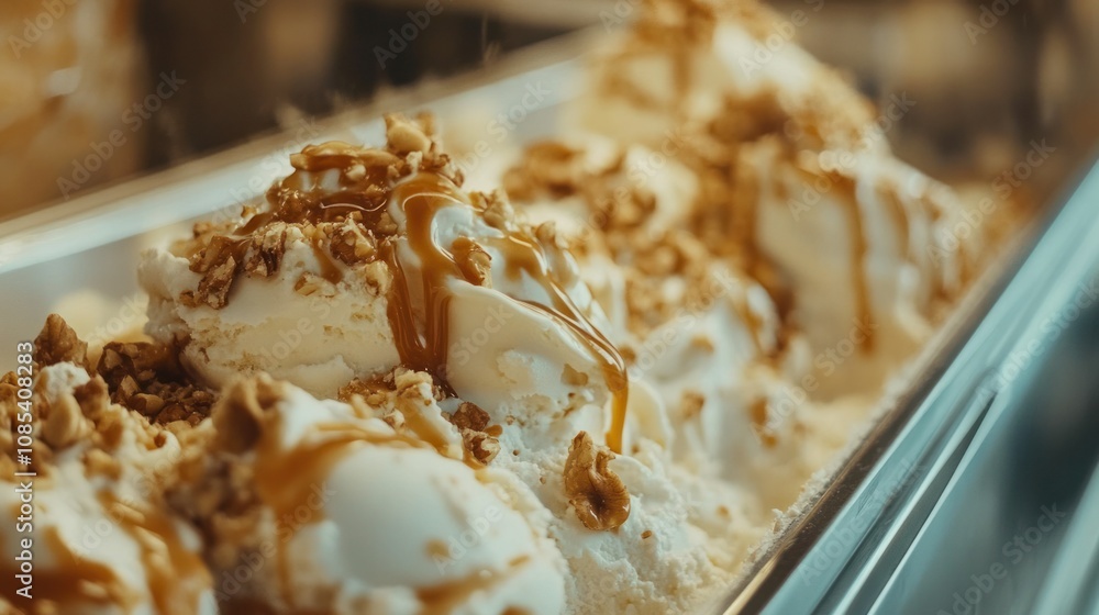 Close-up of creamy gelato in a chilled display case, with toppings like caramel drizzle and crushed nuts Close-up of creamy gelato in a chilled display case, with toppings like caramel drizzle and crushed nuts