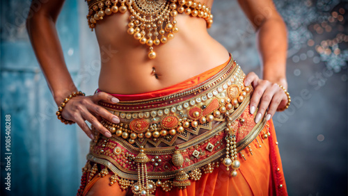 Artistic close-up of dancer's waist adorned with intricate jewelry and vibrant traditional costume photo