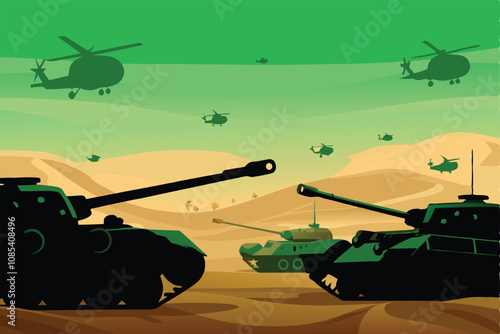 Create a vibrant vector background featuring military tanks and a helicopter, emphasizing dynamic action and camouflage patterns.  Illustrate a warzone setting.