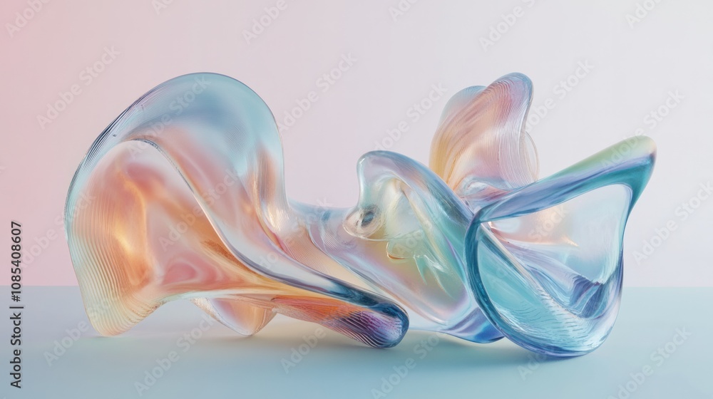 Obraz premium Colorful abstract design with 3D glass textures, featuring flowing shapes and a minimalist pastel background