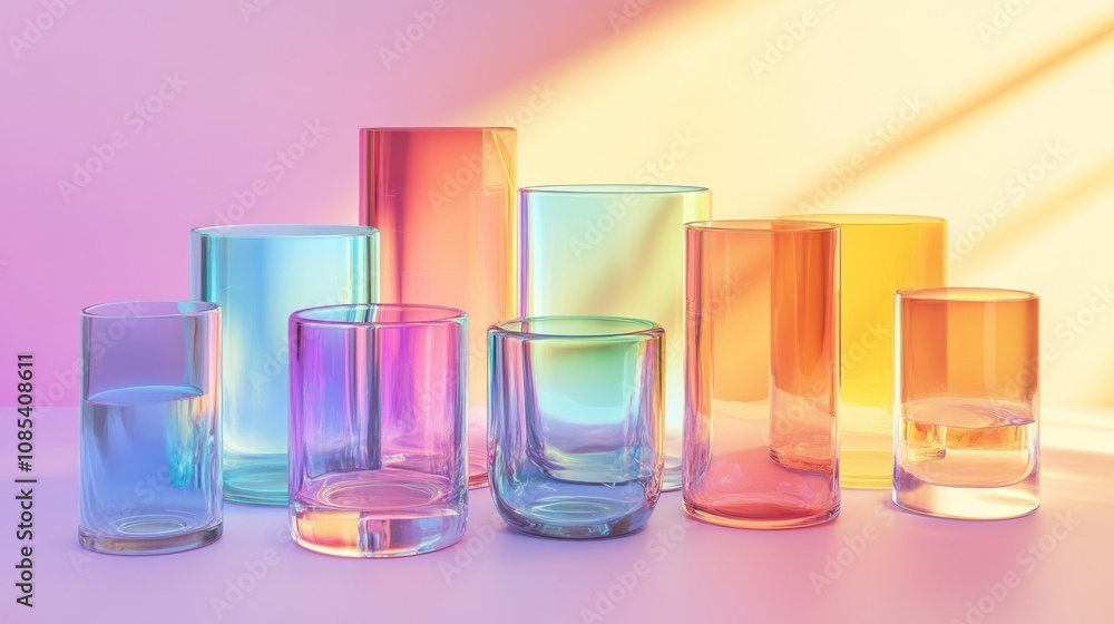 Colorful abstract glass shapes, layered in 3D, with a soft minimalist gradient background for a modern aesthetic Colorful abstract glass shapes, layered in 3D, with a soft minimalist gradient background for a modern aesthetic