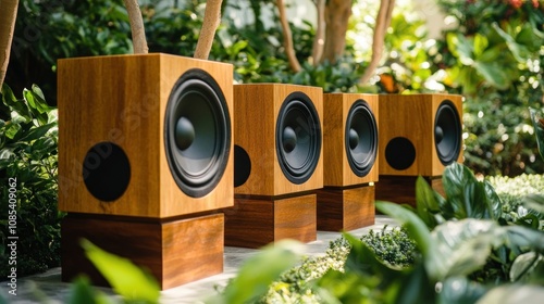 Wooden Speakers in a Lush Green Garden photo