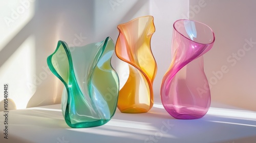 Colorful glass sculpture with flowing organic forms, placed in a modern minimalist abstract background with soft lighting