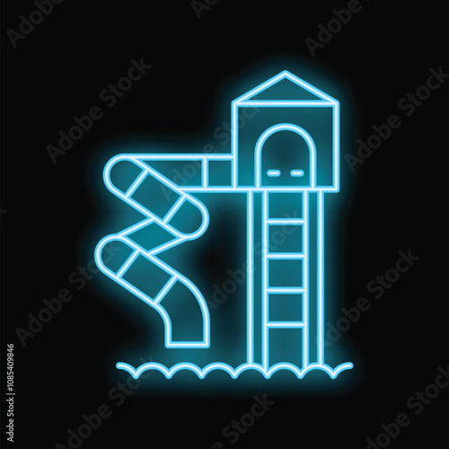 Neon blue icon of a waterpark slide glowing against a black background