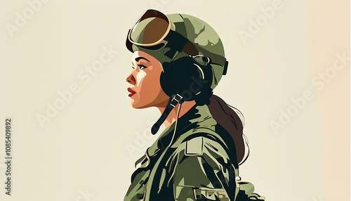 Female military aviation pilot, digital illustration, vector art style, pop art style, rich colors, minimalist and expressive 