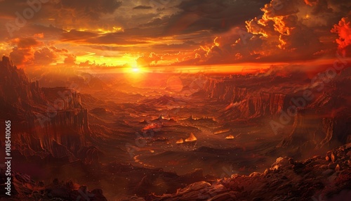 A fiery, volcanic landscape under a blood-red sunset