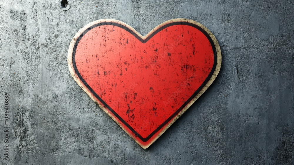 Heart on Concrete: A weathered red heart etched onto a textured concrete surface. Its worn edges speak volumes about resilience, endurance, and love's enduring power. Heart on Concrete: A weathered red heart etched onto a textured concrete surface. Its worn edges speak volumes about resilience, endurance, and love's enduring power.