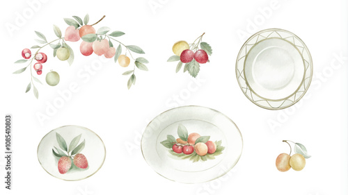 Set of hand drawn watercolor dishes with fruits and berries. Vector illustration.