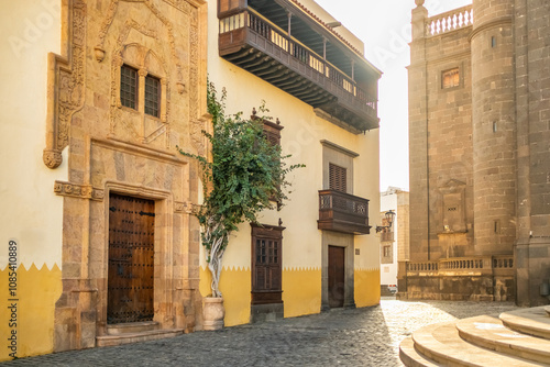 Ornate stone carved facade to the Casa del Colon house, Las Palmas de Gran Canaria, Spain photo