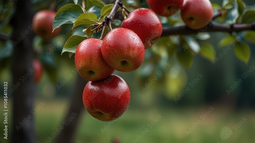 A close-up of ripe red apples hanging from a tree branch A close-up of ripe red apples hanging from a tree branch
