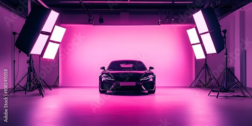 The photos show a black sports car parked in a studio with a bright pink background. The car is in the center of the frame, surrounded by powerful studio lights that create dramatic lighting. The ligh