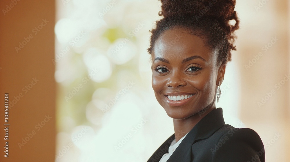 Smiling Woman with Natural Hair in a Professional Setting, Radiating Confidence and Joy with a Bright Background Smiling Woman with Natural Hair in a Professional Setting, Radiating Confidence and Joy with a Bright Background