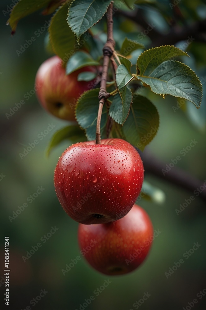 A close-up of ripe red apples hanging from a tree branch A close-up of ripe red apples hanging from a tree branch