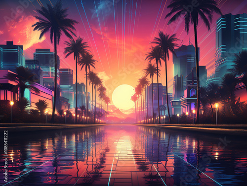 Wonderful Futuristic Metropolis Skyline with Neon Lights and Geometric Shapes Against a Starry Night