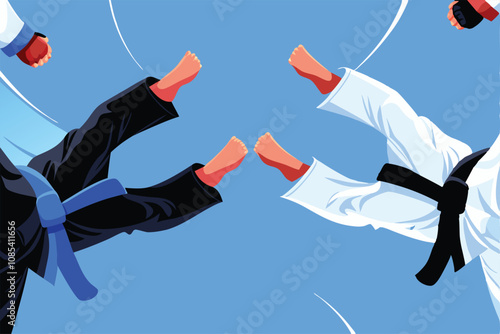 Create a dynamic vector illustration of martial arts equipment gloves, belts of various ranks, and stylized motion lines suggesting powerful strikes and blocks.