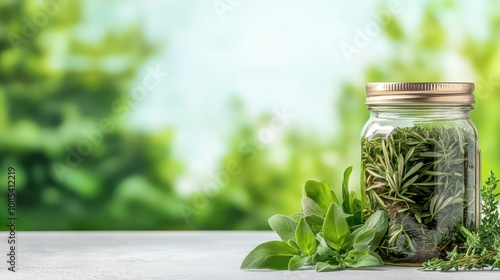 Weed control organic herb herbicide spray concept Homemade Organic Weed Killer Mixture in Glass Jar Surrounded by Fresh Herbs on a Natural Green Background for Eco-Friendly Gardening Solutions photo