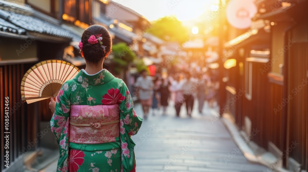 Woman in Traditional Kimono Walking Down a Japanese Street