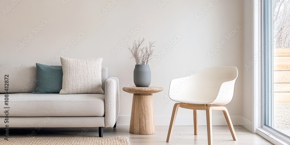 Cozy living room with modern furniture subtle decor and natural light streaming in Cozy living room with modern furniture subtle decor and natural light streaming in