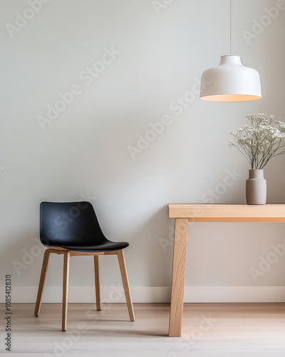 Modern minimalist interior featuring a black chair wooden table and elegant vase in a bright room