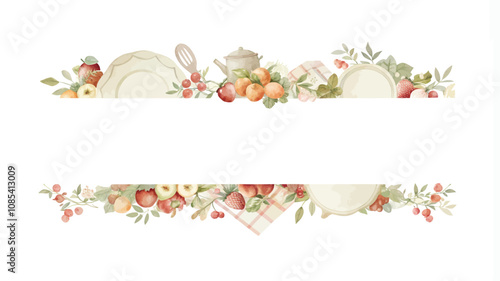 Watercolor frame with fruits and kitchen utensils. Vector illustration.