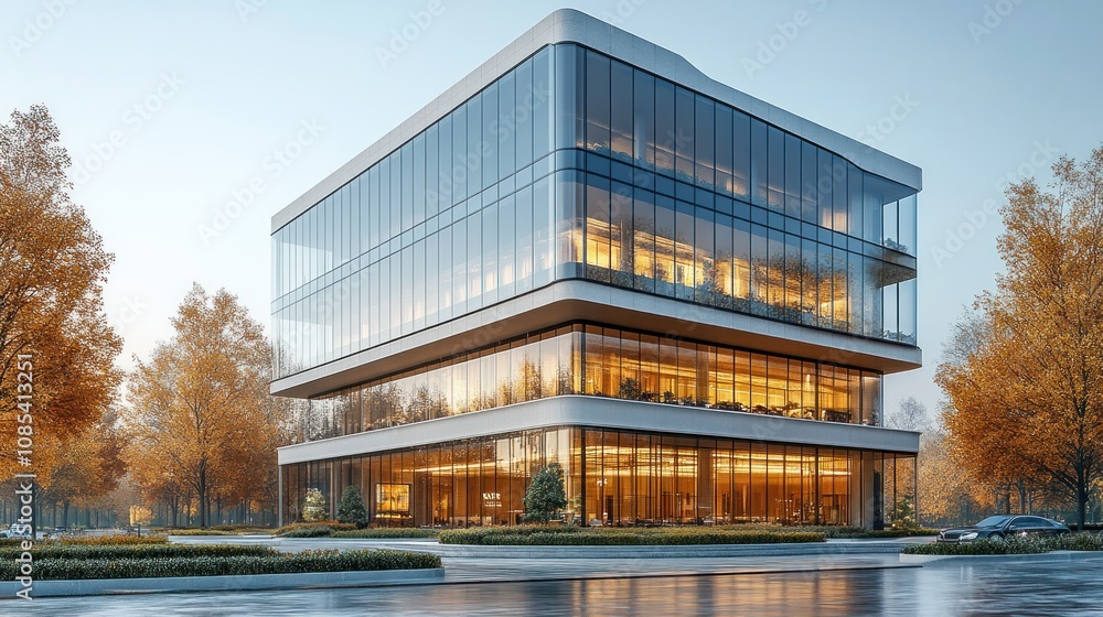 Modern glass office building surrounded by autumn trees. Modern glass office building surrounded by autumn trees.