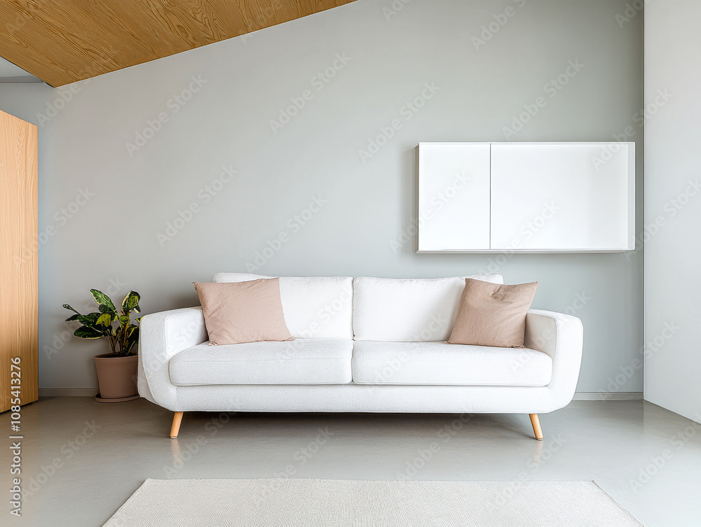 Modern living room featuring a white couch and minimalist dcor with natural lighting Modern living room featuring a white couch and minimalist dcor with natural lighting