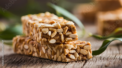 Crunchy sesame seed bars stacked on a rustic wooden surface, perfect for a healthy snack or energy boost. photo