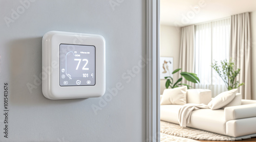 Smart Home Thermostat Controlling Temperature in Modern Living Room. Digital Climate Control, Energy Efficiency, Home Automation Concept.