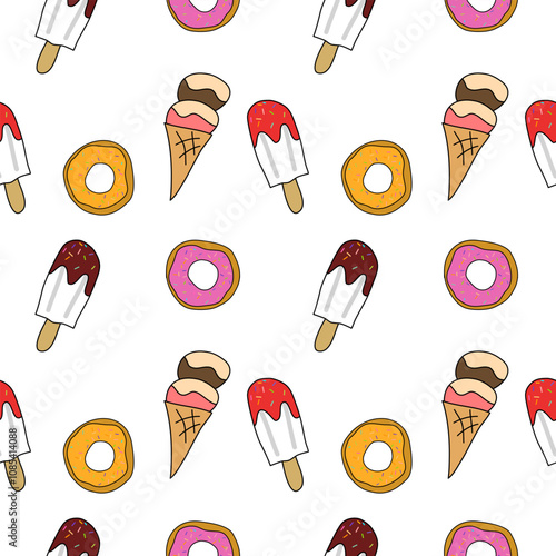 Dessert draw cartoon so cute. Ice cream and donuts white background. Pattern seamless vector illustration.
