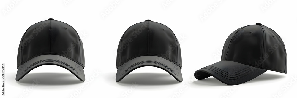 Fototapeta premium Black baseball cap, three views: front view and side view, white background