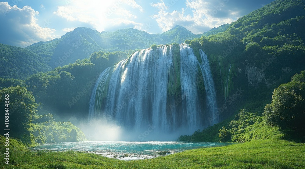 Fototapeta premium Majestic waterfall cascading down lush green mountains into a serene pool.