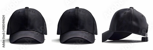 Black baseball cap, three views: front view and side view, white background