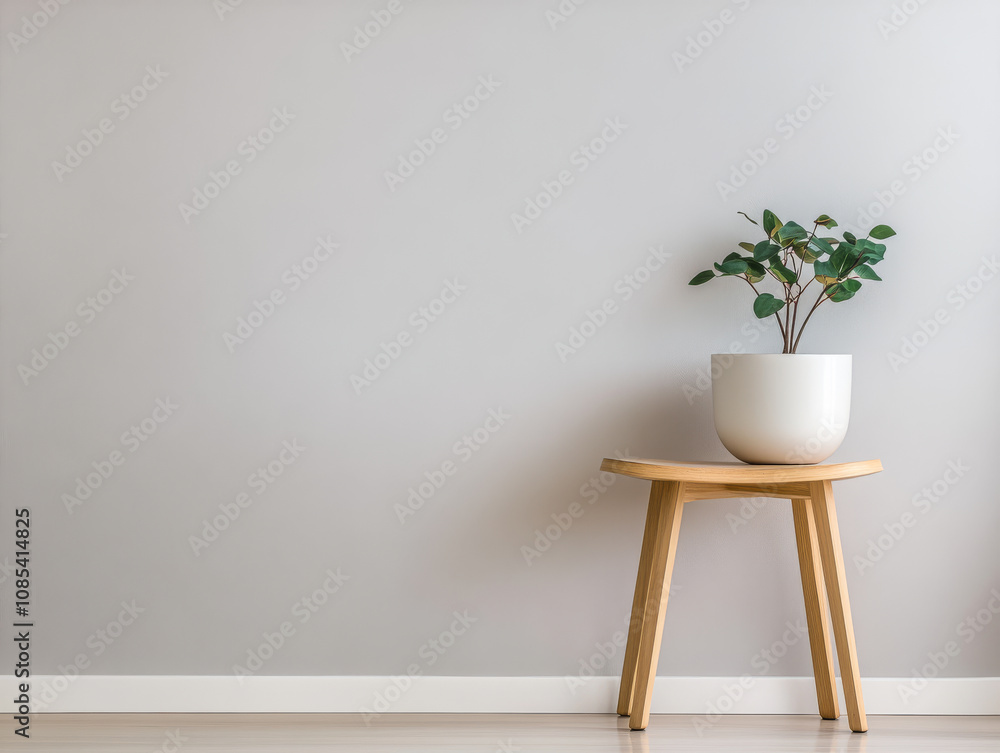 A potted plant on a wooden table against a simple gray wall in a modern interior setting A potted plant on a wooden table against a simple gray wall in a modern interior setting