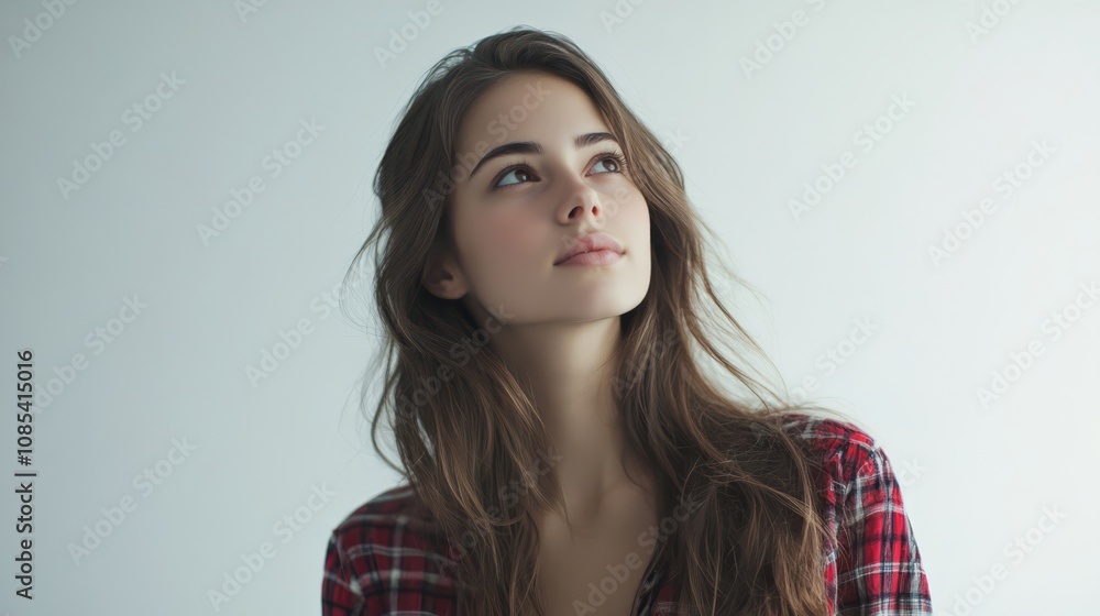 Fototapeta premium A young woman with long brown hair, wearing a red and black plaid shirt, gazes thoughtfully upward, lost in contemplation. Her expression is serene and introspective.