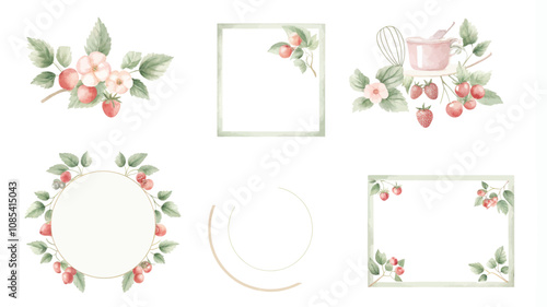 Set of watercolor frames with berries and leaves. Vector illustration.