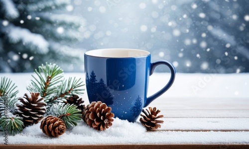 Winter Mug on Snowy Tabletop captures a cozy scene with a blue mug surrounded by pine cones and greenery, all set against a soft, snowy backdrop to evoke warmth.