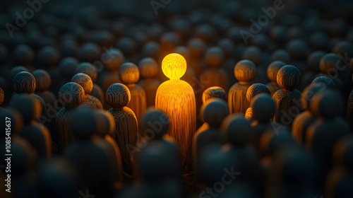 glowing wooden figurine standing out in a crowd of darker figures, symbolizing leadership, individuality, and inspiration in a group setting.