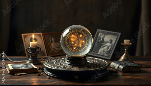 magic session with old photographs, divination with magic ball of fate, wishes, longing for ancestors, communication with world of spirits, old magic table, attributes of occultism and magic isolate