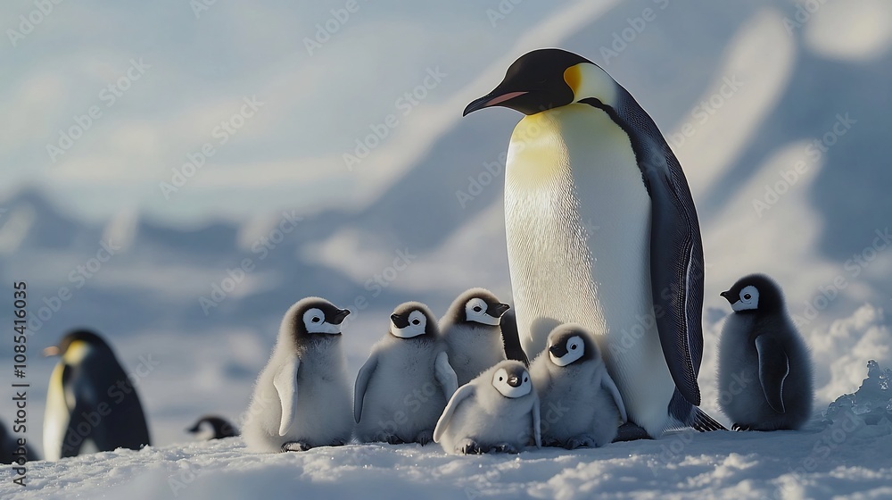 Fototapeta premium Penguins Huddling Together to Brave the Icy Landscape