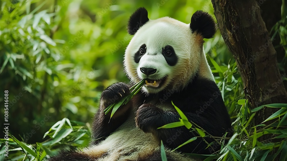 Obraz premium Giant Panda Sitting Contently in Lush Green Forest Eating Bamboo