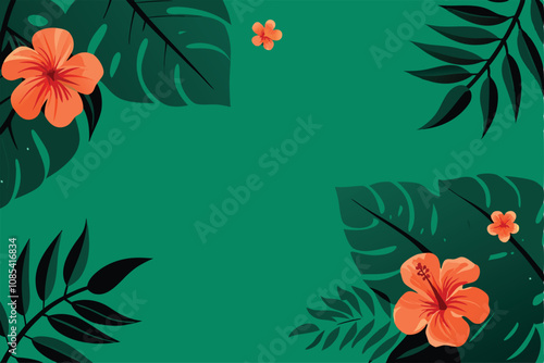 Create a vibrant vector illustration of modern tropical florals featuring lush palm leaves and a single exotic bloom.  Emphasis on clean lines and bold colors.