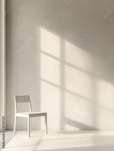 Sunlit Serenity: A solitary white chair basks in the warm glow of sunlight streaming through a window, creating a minimalist and peaceful ambiance. 