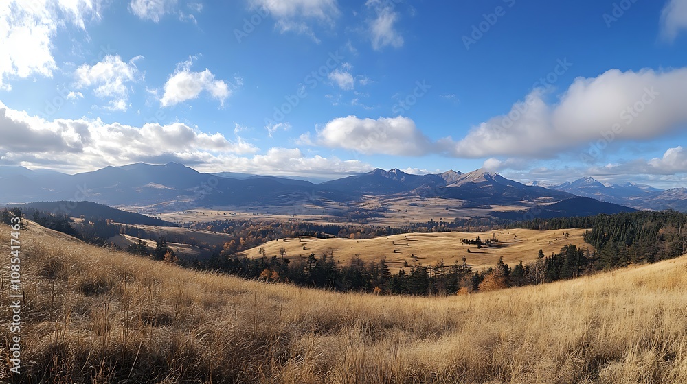 A panoramic view of the Carpathian Mountains with blue sky white clouds A panoramic view of the Carpathian Mountains with blue sky white clouds