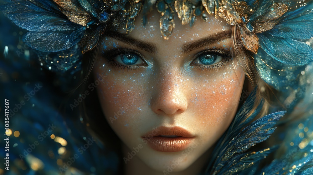 A captivating portrait of a woman with piercing blue eyes and a ethereal, otherworldly look. Her gaze holds an enchanting allure, hinting at secrets and magic.  