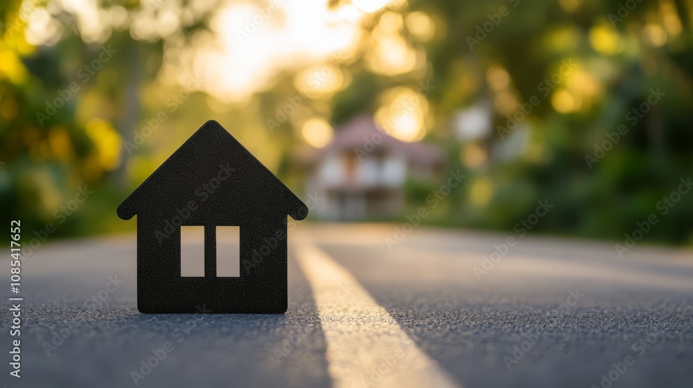 The Road to Home: A simple black house silhouette stands on a paved road, symbolizing the journey towards homeownership. The Road to Home: A simple black house silhouette stands on a paved road, symbolizing the journey towards homeownership.