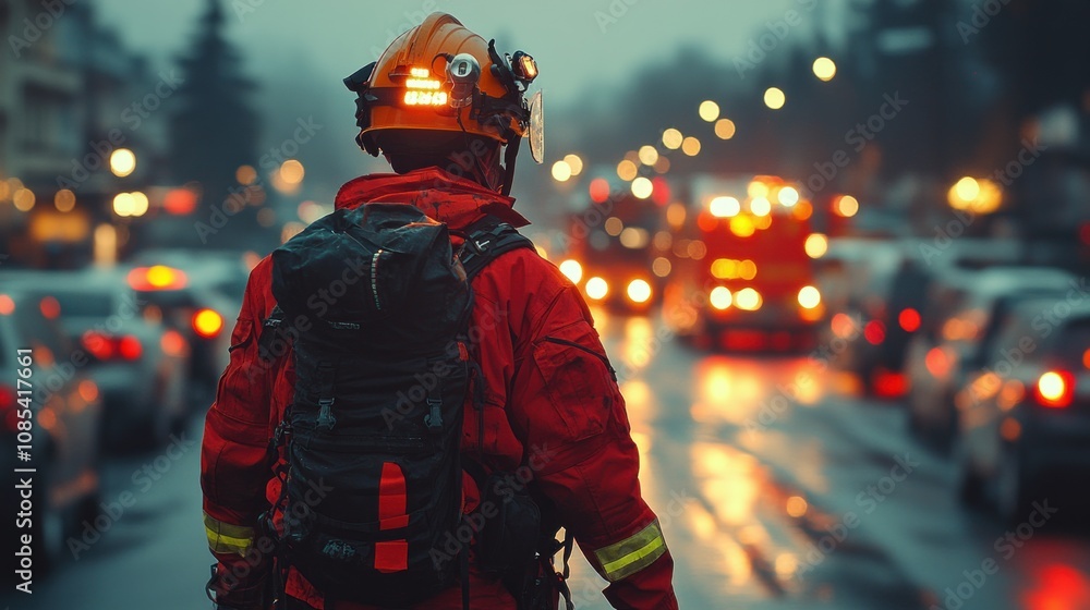 Firefighter in uniform observing emergency response scene.